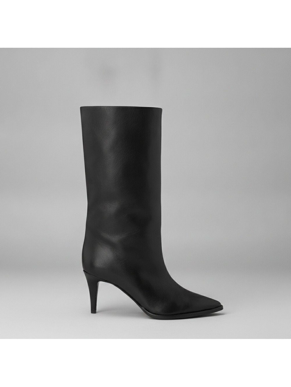 Tamara Mellon 80s 90s Black Napa Leather Wide Mid-Calf Heeled Boots 39.5 75mm